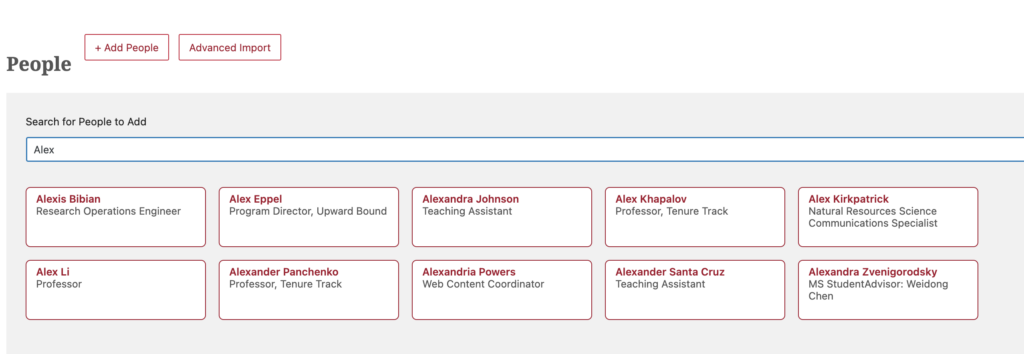Profile search with "Alex" as an example and search results appearing in cards.